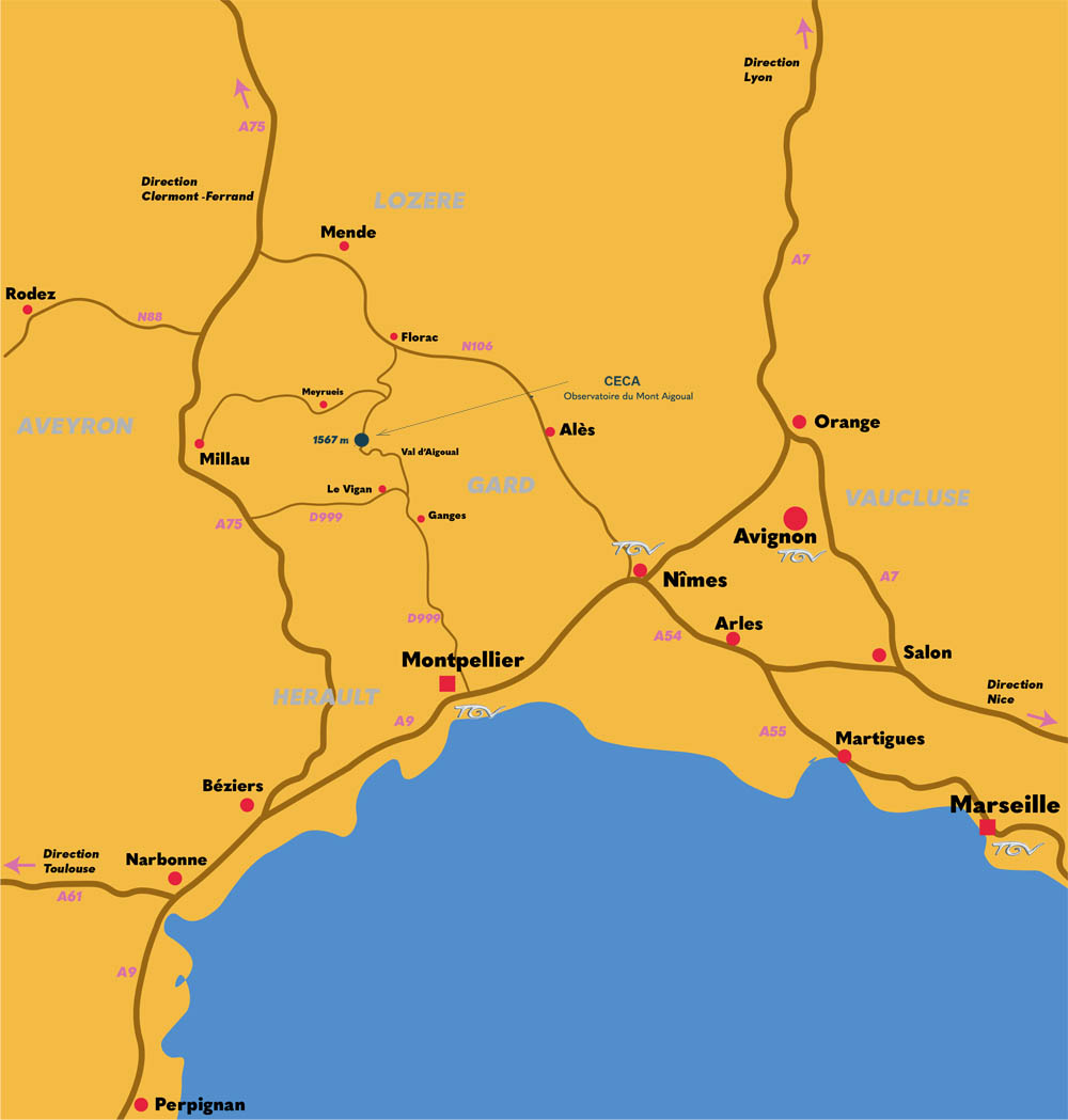 Carte détaillée d'accès à l'observatoire du Mont Aigoual