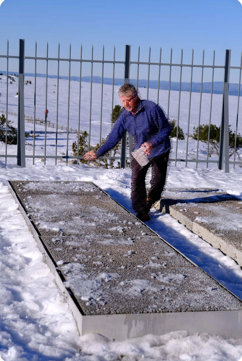 Technicien effectuant un salage de blocs béton en conditions de gel et de neige